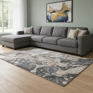 HomeRoots 9' X 12' Coffee Gray & Ivory Abstract Washable Rug with UV Protection for Modern Homes & Pets 707784