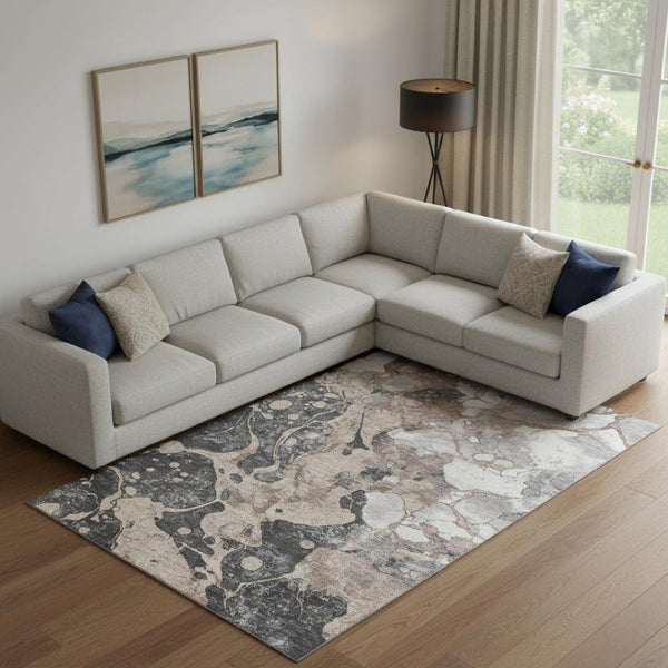 HomeRoots 10' X 14' Coffee Gray and Ivory Abstract Area Rug - Washable, UV-Protected, Durable for High-Traffic Use 707785