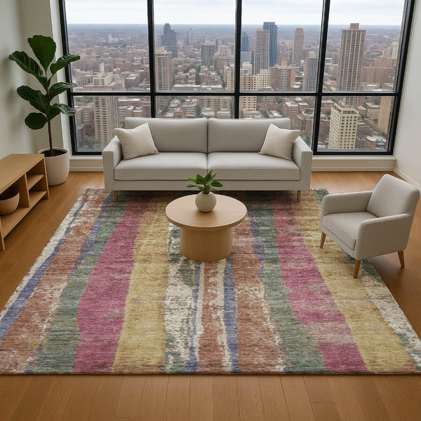 HomeRoots 5' X 8' Blush Sage Gold Striped Area Rug – Washable, Stain-Resistant, UV Protected for Stylish Living 707787