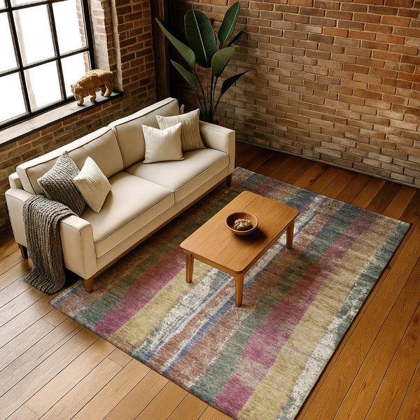 HomeRoots 5' X 8' Blush Sage Gold Striped Area Rug – Washable, Stain-Resistant, UV Protected for Stylish Living 707787