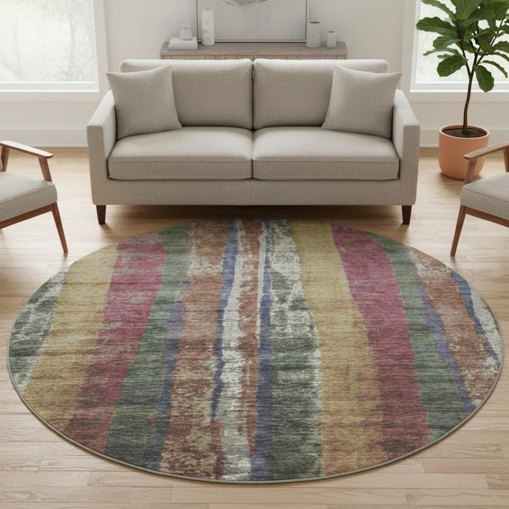 HomeRoots 8' X 10' Stylish Blush, Sage, and Gold Striped Washable Area Rug with UV Protection for All Spaces 707789