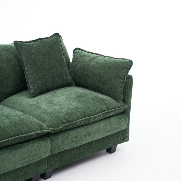 English Elm Beige Chenille Sectional Sofa with Modular Ottoman for Living Room or Studio Dark Green W2603S00004