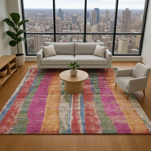 HomeRoots 5' X 8' Striped Washable Area Rug in Beige, Orange & Blue – UV Protected, Durable & Stylish Décor Piece 707793