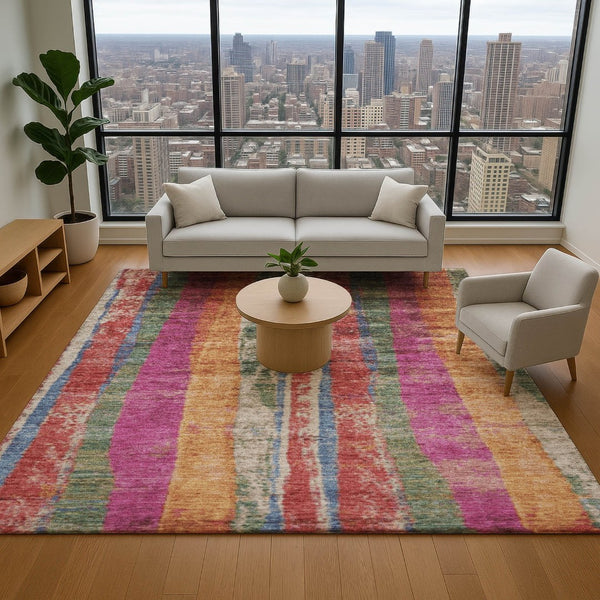 HomeRoots 5' X 8' Striped Washable Area Rug in Beige, Orange & Blue – UV Protected, Durable & Stylish Décor Piece 707793