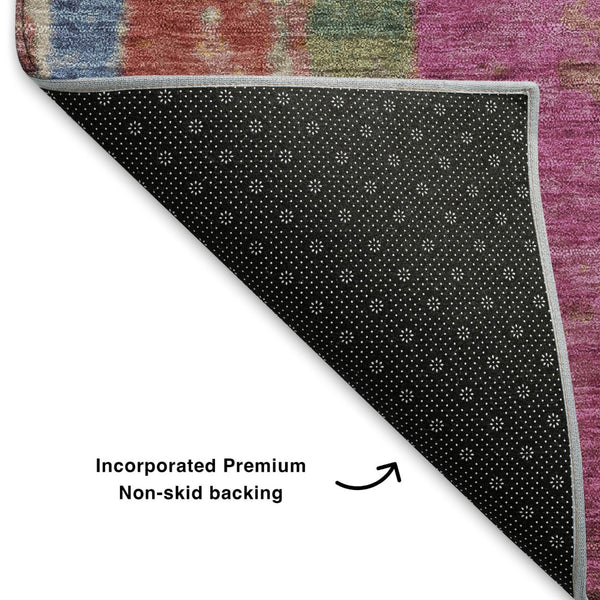 HomeRoots 5' X 8' Striped Washable Area Rug in Beige, Orange & Blue – UV Protected, Durable & Stylish Décor Piece 707793