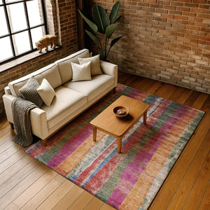 HomeRoots 5' X 8' Striped Washable Area Rug in Beige, Orange & Blue – UV Protected, Durable & Stylish Décor Piece 707793