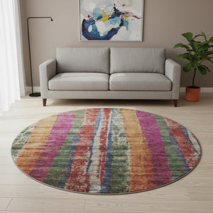HomeRoots 8' X 10' Striped Washable Area Rug in Beige, Orange & Blue - UV Protected, Non-Slip, Durable Design 707795
