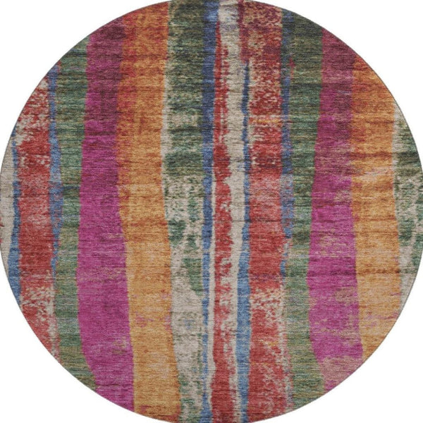 HomeRoots 8' X 10' Striped Washable Area Rug in Beige, Orange & Blue - UV Protected, Non-Slip, Durable Design 707795