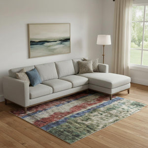 HomeRoots 10' X 14' Stylish Beige, Orange & Blue Striped Washable Area Rug with UV Protection & Durability 707797