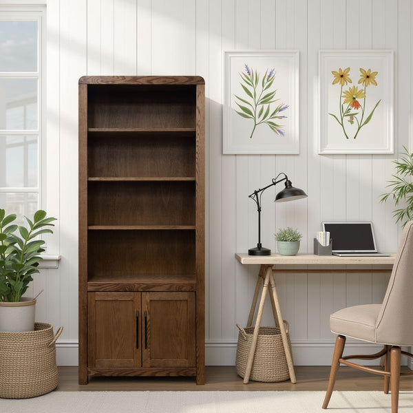 English Elm Haven 78" Bookcase Pier Cabinet — Oak Veneer, Curved Transitional Design with Shelves & Doors (No Assembly) Brown B108P364417