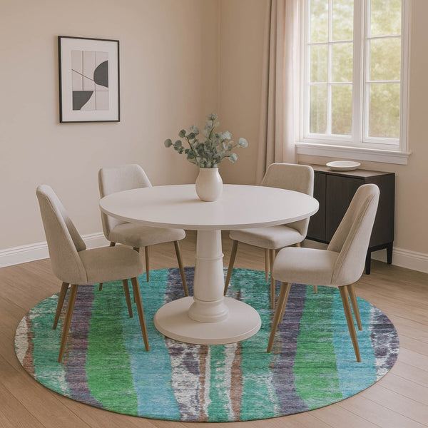 HomeRoots 8' X 10' Teal Green & Ivory Striped Washable Area Rug - Stylish, Durable, UV-Resistant for Homes 707801