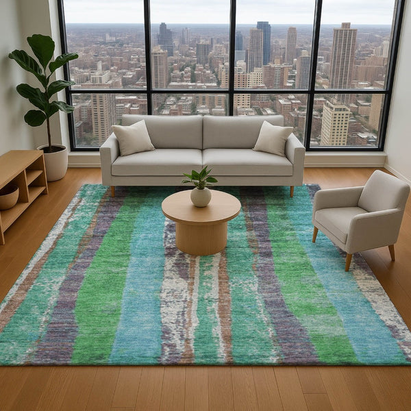 HomeRoots 9' X 12' Teal Green & Ivory Striped Washable Area Rug - UV Protected, Durable, & Pet-Friendly Design! 707802