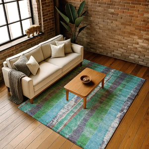 HomeRoots 9' X 12' Teal Green & Ivory Striped Washable Area Rug - UV Protected, Durable, & Pet-Friendly Design! 707802