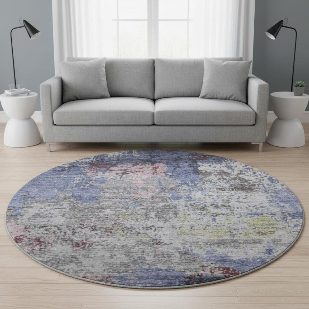 HomeRoots 8' X 10' Washable Blue Pink Ivory Abstract Area Rug - Stain Resistant, UV Protected, Non-Slip Design 707807