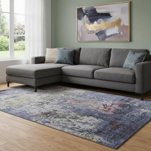 HomeRoots 9' X 12' Modern Abstract Area Rug in Blue, Pink & Ivory - Washable, UV-Protected, Non-Slip Design 707808