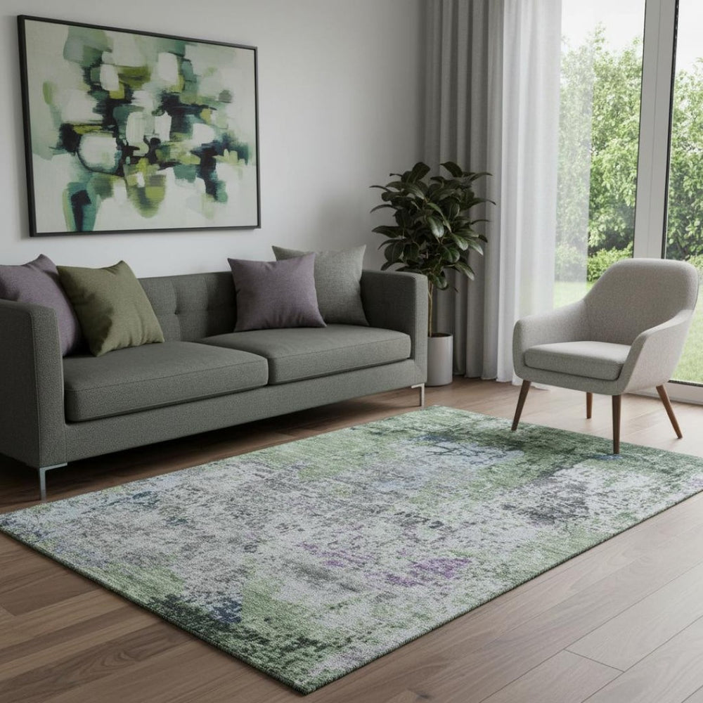 HomeRoots 8' Modern Abstract Fern Green Gray Ivory Round Rug - Washable, UV-Protected, Durable & Stylish Decor 707812