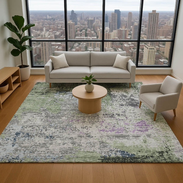 HomeRoots 8' Modern Abstract Fern Green Gray Ivory Round Rug - Washable, UV-Protected, Durable & Stylish Decor 707812