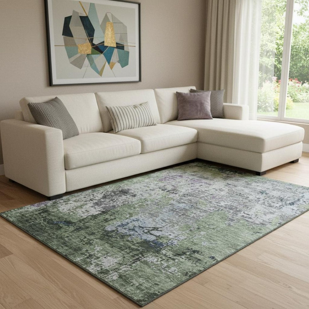 HomeRoots 9' X 12' Washable Fern Green, Gray & Ivory Abstract Area Rug – UV Protected, Non-Slip Backing, Durable! 707814
