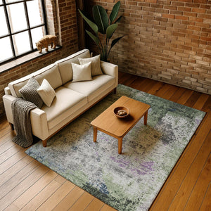 HomeRoots 9' X 12' Washable Fern Green, Gray & Ivory Abstract Area Rug – UV Protected, Non-Slip Backing, Durable! 707814