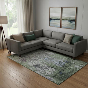 HomeRoots 10' Abstract Fern Green Gray Ivory Area Rug – Washable, UV-Protected, Durable & Stain-Resistant Design 707815