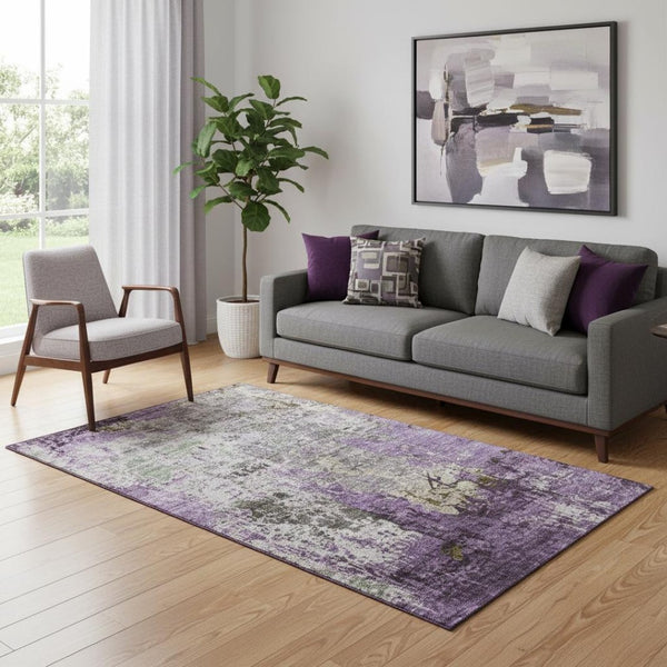 HomeRoots 8' Modern Abstract Lavender Gray and Ivory Washable Round Rug with UV Protection for All Spaces 707818
