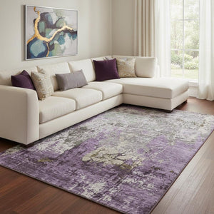 HomeRoots 9' X 12' Abstract Washable Area Rug in Lavender Gray & Ivory with UV Protection for Home Style 707820