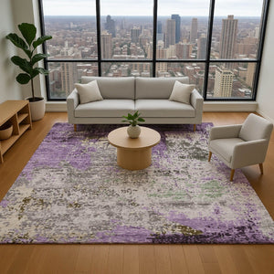 HomeRoots 9' X 12' Abstract Washable Area Rug in Lavender Gray & Ivory with UV Protection for Home Style 707820