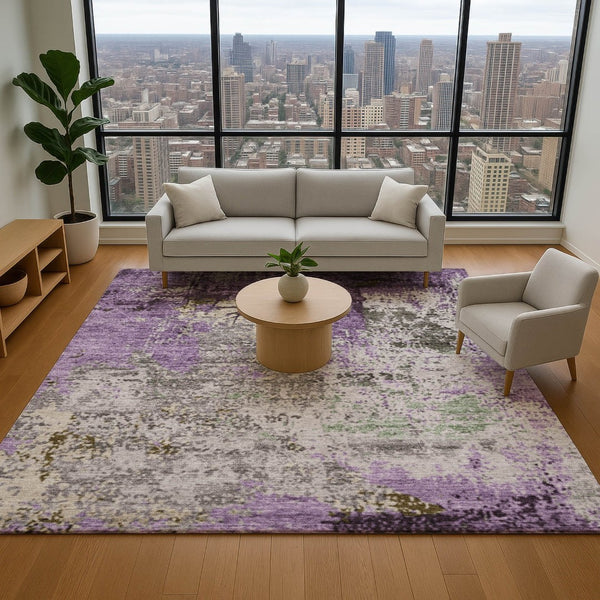 HomeRoots 9' X 12' Abstract Washable Area Rug in Lavender Gray & Ivory with UV Protection for Home Style 707820