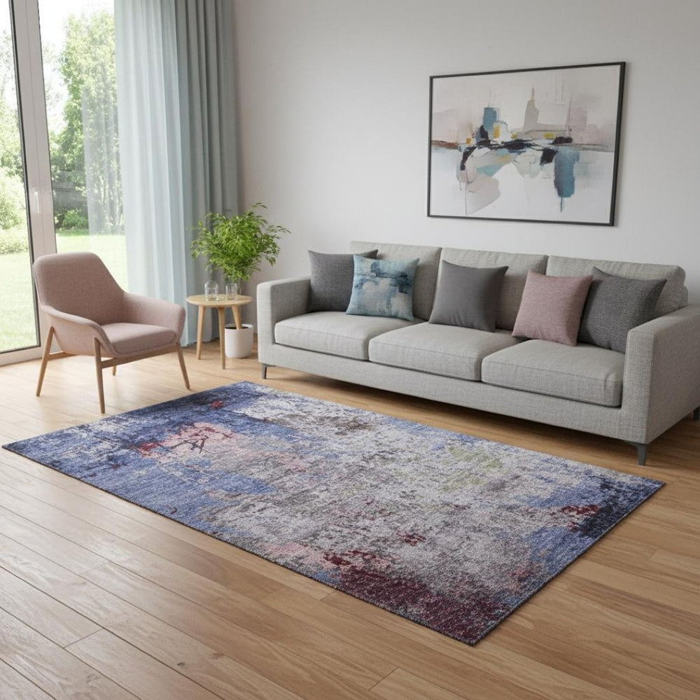 HomeRoots 8' Stylish Washable Round Rug in Plum, Gray & Ivory - UV Protected, Stain-Resistant, Easy Care! 707824