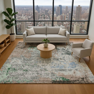 HomeRoots 8' Modern Abstract Taupe Brown & Ivory Round Rug - Washable, UV Protected, Stain-Resistant Design! 707830