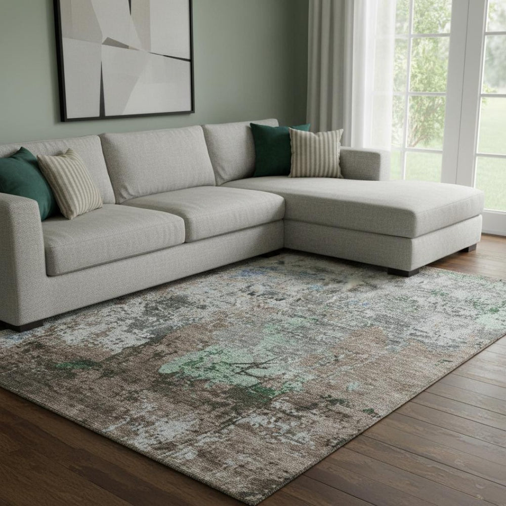 HomeRoots 9' X 12' Modern Abstract Washable Area Rug in Taupe Brown & Ivory with UV Protection & Stain Resistance 707832