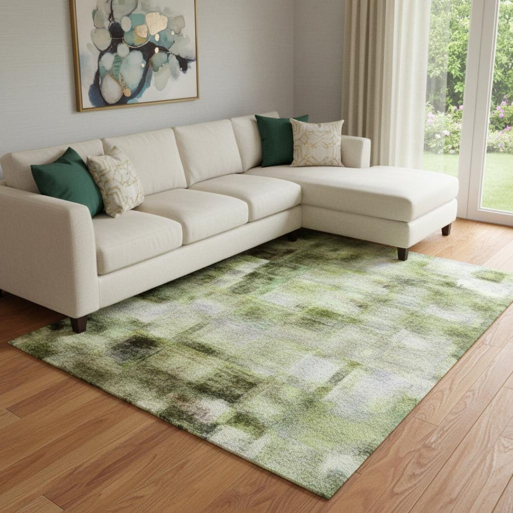 HomeRoots 9' X 12' Washable Artichoke Green & Beige Abstract Area Rug with UV Protection for Busy Homes 707838