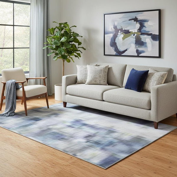 HomeRoots 8' Blue And Gray Abstract Washable Round Rug - UV Protected, Stain Resistant, Durable for Homes & Patios 707842