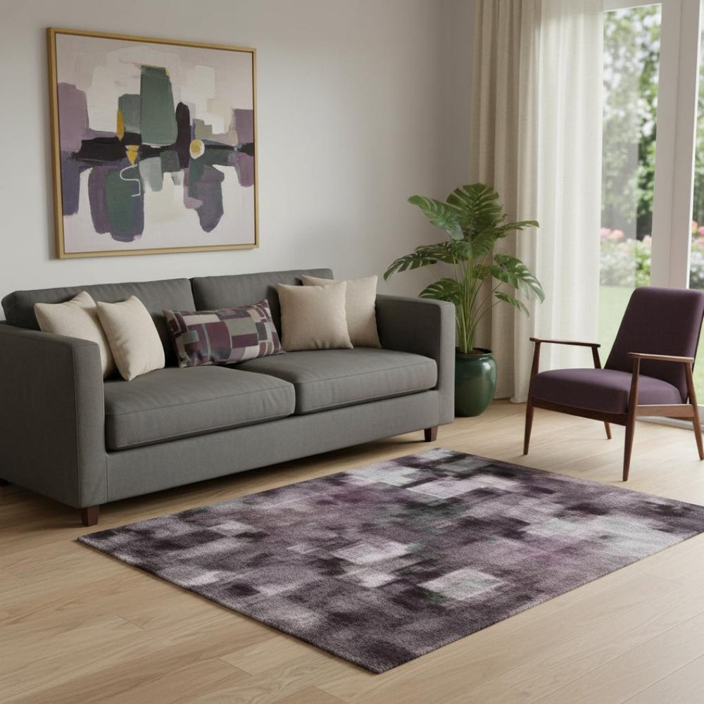 HomeRoots 8' Modern Abstract Lavender and Gray Washable Round Rug with UV Protection for Family Homes 707848