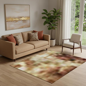 HomeRoots 8' Washable Tan and Beige Abstract Round Rug with UV Protection for High-Traffic Family Spaces 707860