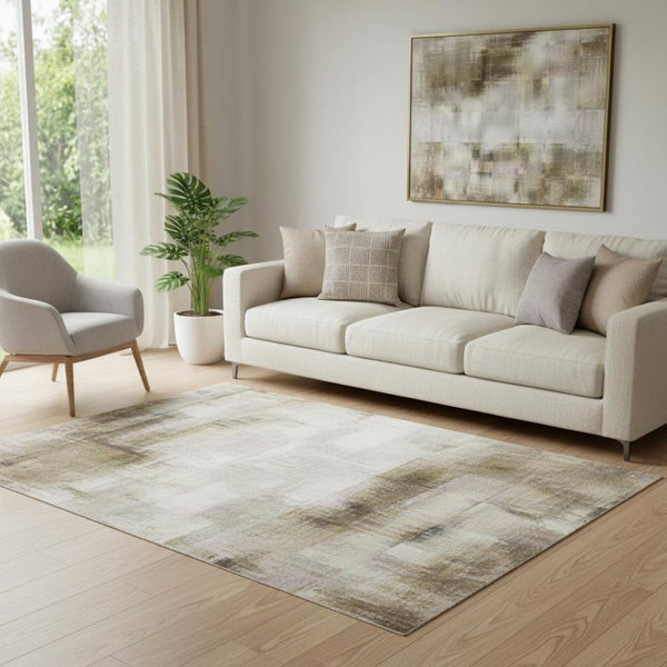 HomeRoots 8' Taupe and Beige Abstract Washable Round Rug - UV Protected, Stain-Resistant, Durable for Homes 707866