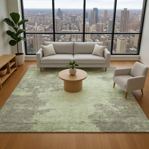 HomeRoots 5' Modern Artichoke Green & Gray Abstract Washable Area Rug with UV Protection for Home Decor 707871