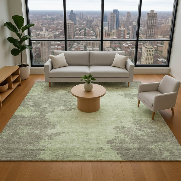 HomeRoots 5' Modern Artichoke Green & Gray Abstract Washable Area Rug with UV Protection for Home Decor 707871