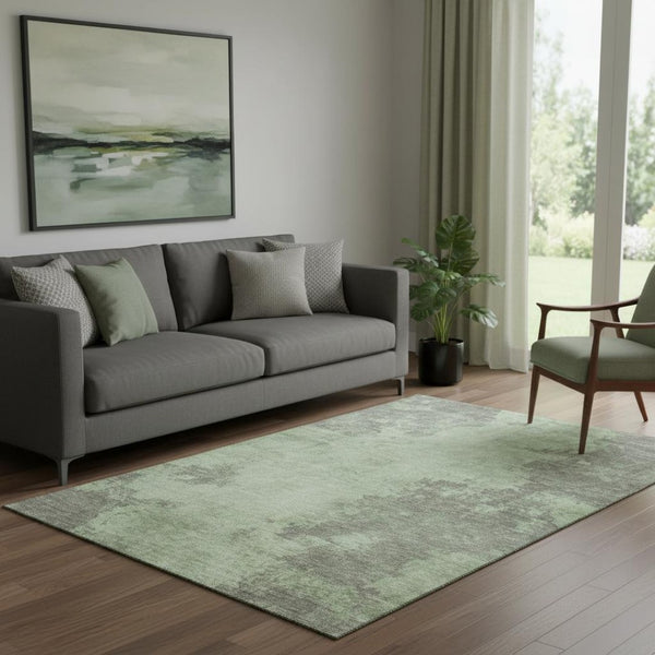 HomeRoots 8' Artichoke Green & Gray Modern Abstract Washable Round Rug with UV Protection & Non-Slip Backing 707872