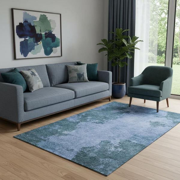 HomeRoots 8' Denim Blue & Sky Blue Abstract Washable Rug – UV Protected, Stain Resistant, Ideal for Busy Homes 707878