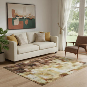HomeRoots 8' Coffee and Beige Abstract Washable Round Rug - Stylish, Durable, Stain-Resistant, UV-Protected Design 707884