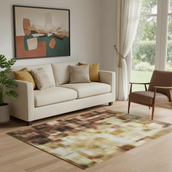 HomeRoots 8' Coffee and Beige Abstract Washable Round Rug - Stylish, Durable, Stain-Resistant, UV-Protected Design 707884
