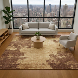 HomeRoots 8' Coffee and Beige Abstract Washable Round Rug - Stylish, Durable, Stain-Resistant, UV-Protected Design 707884