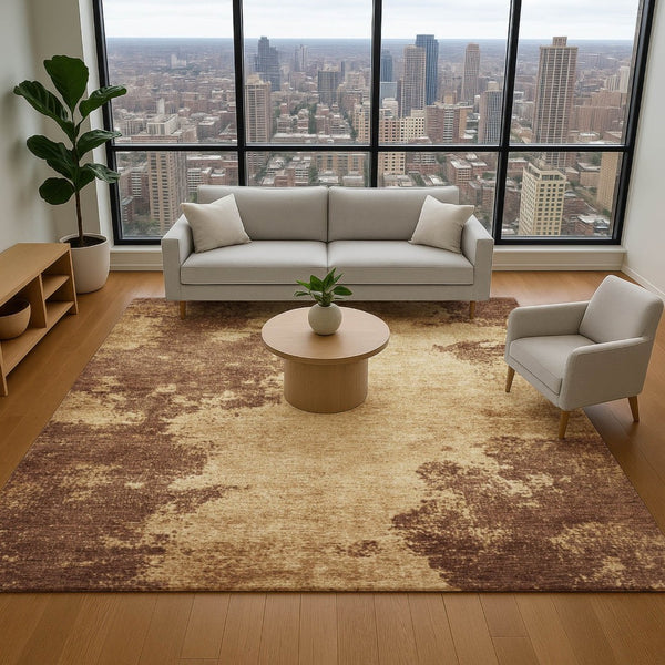 HomeRoots 8' Coffee and Beige Abstract Washable Round Rug - Stylish, Durable, Stain-Resistant, UV-Protected Design 707884