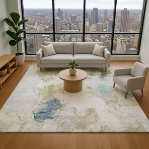 HomeRoots 5' X 8' Washable Beige Blue Ivory Abstract Area Rug with UV Protection for Stylish, Durable Living Spaces 707895