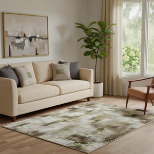 HomeRoots 8' Washable Round Rug in Beige, Blue & Ivory - Stylish Abstract Design with UV Protection & Durability 707896