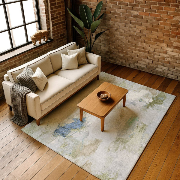 HomeRoots 8' Washable Round Rug in Beige, Blue & Ivory - Stylish Abstract Design with UV Protection & Durability 707896