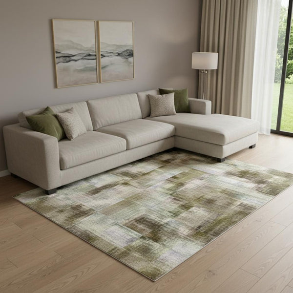 HomeRoots 10' Abstract Washable Area Rug in Beige, Blue & Ivory – Durable, UV Protected, Stain Resistant Design 707899