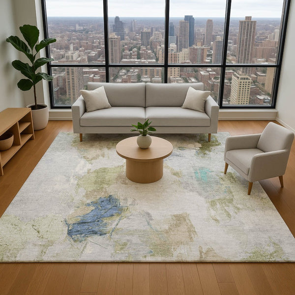 HomeRoots 10' Abstract Washable Area Rug in Beige, Blue & Ivory – Durable, UV Protected, Stain Resistant Design 707899
