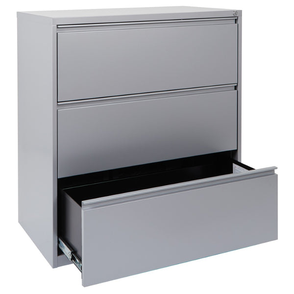 OSP Home Furnishings 36" Steel Lateral File Cabinet with Ball Bearing Drawers Locking Security and Leveling Glides 3 Glides Silver LF336-SV